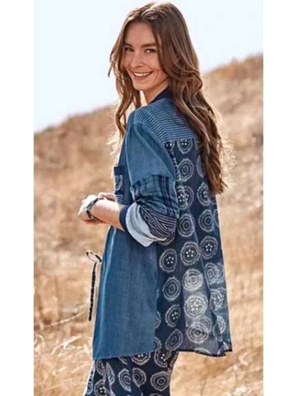 Johnny Was Workshop Womens Indigo Mixup Patchwork Raw Edge Shirt Blouse Tunic S